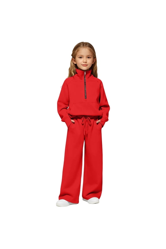 Girls Half Zip 2-Piece Sweatsuit, Mock Neck Pullover Sweatshirt with Thumbholes, Wide Leg Jogger Sweatpants Set, Cozy Tracksuit for Kids (Red, 7-8 Years)