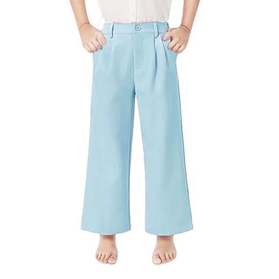GiLiling Girls High Waisted Wide Leg Dress Pants Teen Pull On Relaxed Fit Formal Uniform Pants with Pockets (Light Blue, 130)