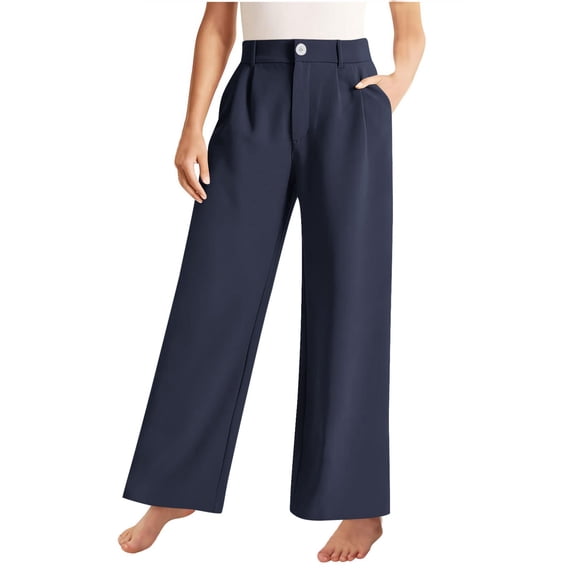 GiLiling Girls High Waisted Wide Leg Dress Pants Teen Pull On Relaxed Fit Formal Uniform Pants with Pockets (Navy, 160)
