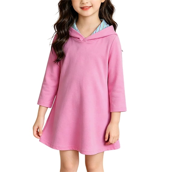 GiLiling Girls Hoodie Dress, Solid Color Long Sleeve Hooded Sweatshirt Dress with Striped Lining for Kids Daily Casual Wear (Pink, 9-10 Years)