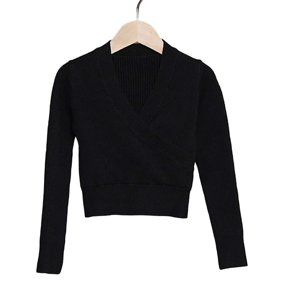 GiLiling Girls Knitted Deep V-Neck Cross Long Sleeve Ballet Wrap Front Loose Lightweight Sweater Dance Cardigan Pullover Tops Blouse (Black, 5-6 Years)
