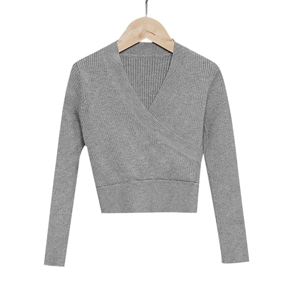 GiLiling Girls Knitted Deep V-Neck Cross Long Sleeve Ballet Wrap Front Loose Lightweight Sweater Dance Cardigan Pullover Tops Blouse (Grey, 5-6 Years)