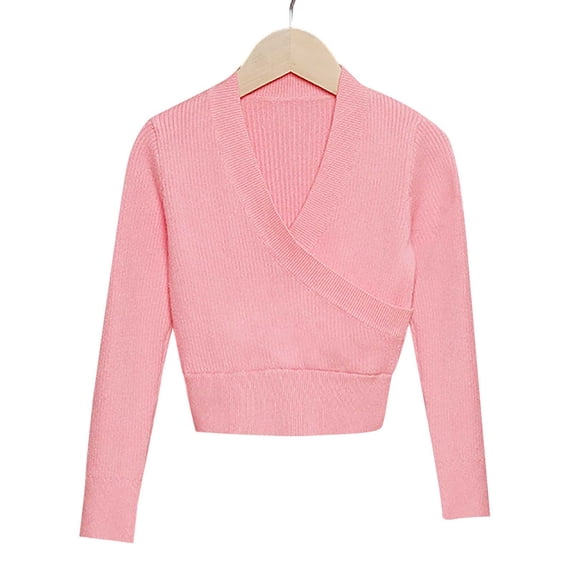 GiLiling Girls Knitted Deep V-Neck Cross Long Sleeve Ballet Wrap Front Loose Lightweight Sweater Dance Cardigan Pullover Tops Blouse (Pink, 13-14 Years)