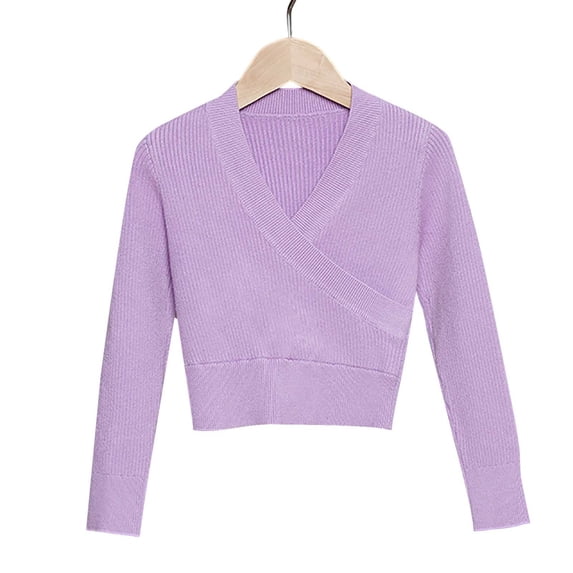 GiLiling Girls Knitted Deep V-Neck Cross Long Sleeve Ballet Wrap Front Loose Lightweight Sweater Dance Cardigan Pullover Tops Blouse (Purple, 3-4 Years)