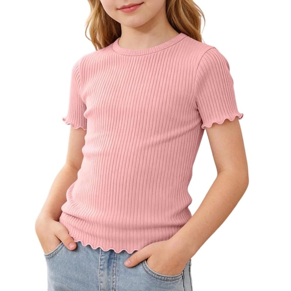 GiLiling Girls Lettuce Trim Short Sleeve Ribbed Knit Crewneck Casual Tee Top for Summer Wear (Pink, 13-14 Years)