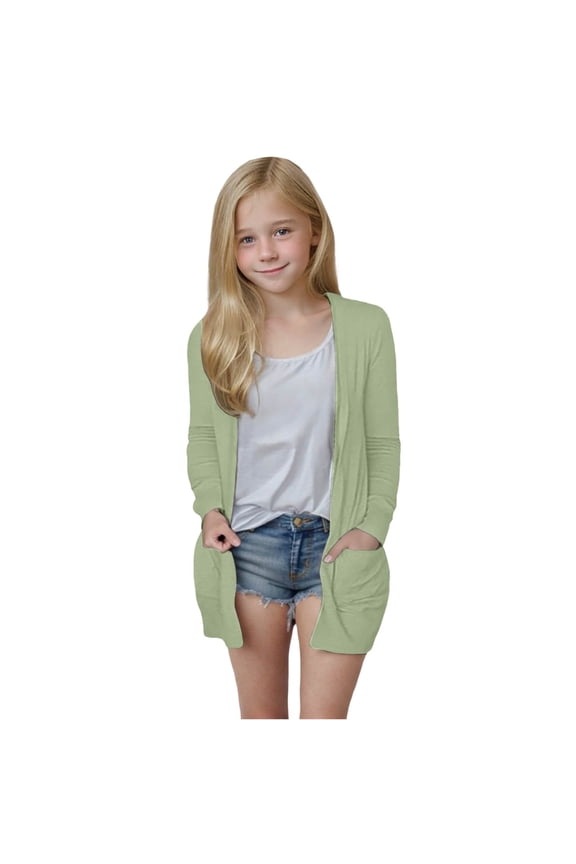 Girls Lightweight Cardigan Long Sleeve Casual Open Front Oversized Sweater with Pockets (Green, 9-10 Years)