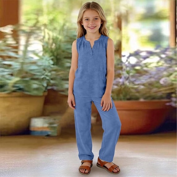 GiLiling Girls Linen 2 Piece Outfit Sleeveless V-Neck Top and Loose High Waisted Summer Pants Set (Blue, 9-10 Years)