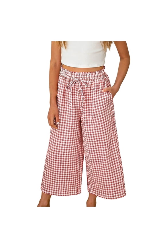 Girls Linen Wide Leg Pants, Striped Casual Barrel Pants with Drawstring Waist and Pockets (Pink, 8-9 Years)