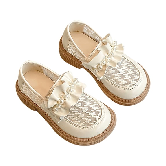 GiLiling Girls Loafer Flats, Ruffled Trim with Pearl Slip-On Dress Shoes, Embossed Mesh PU Upper Chunky Non-Slip Sole, Princess Style School Footwear (White, 10.5-11 Years)