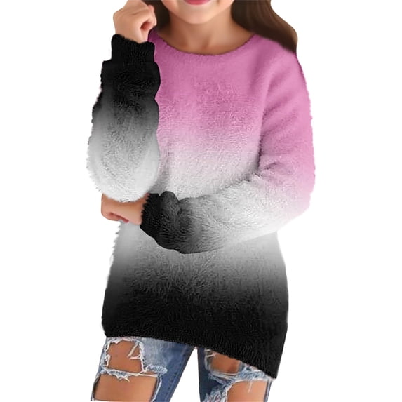 GiLiling Girls Loose Fluffy Fuzzy Sweater, Fall Winter Crew Neck Long Sleeve Top, Cozy Trendy Kids Shirt, Casual Cute Outfit for Teens (Light Pink, 5-6 Years)