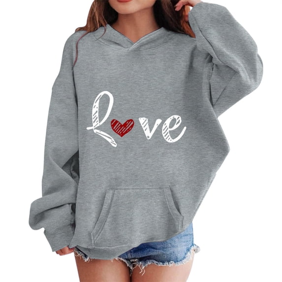 GiLiling Girls Love Print Hoodie Sweatshirt, Oversized Long Sleeve Hooded Pullover Top, Casual Daily School Wear for Autumn Winter (Grey, 9-10 Years)