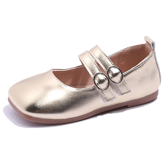 GiLiling Girls Mary Jane Ballet Flats, Metallic Square-Toe Adjustable Buckle Double Straps, PU Upper Non-Slip Rubber Sole, Princess Dress Casual Footwear (Gold, 3-3.5 Years)
