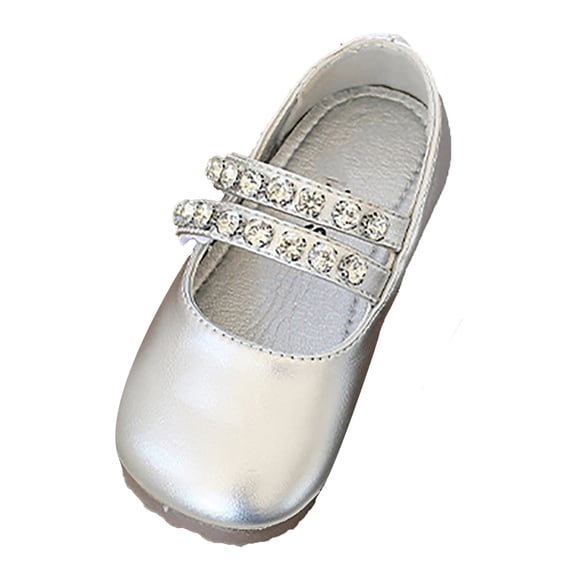 GiLiling Girls Mary Jane Dress Flats, Rhinestone Double Strap PU Upper, Lightweight Comfortable Princess Ballet Flats (Silver, 5.5-6 Years)