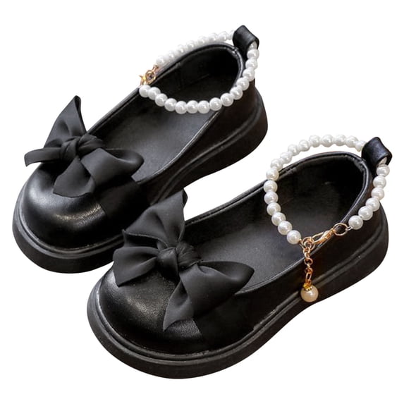 GiLiling Girls Mary Jane Dress Shoes, Closed-Toe Flats with Bow Pearl Ankle Strap, Casual Party Shoes for Kids (Black, 4.5-5 Years)