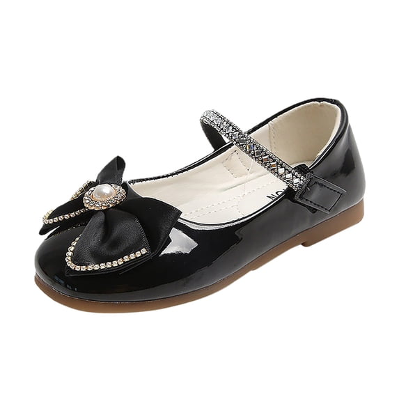 GiLiling Girls Mary Jane Dress Shoes, Closed-Toe Flats with Bow Rhinestone, Non-Slip Soft Rubber Sole for Parties School (Black, 3.5-4 Years)