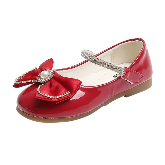 GiLiling Girls Mary Jane Dress Shoes, Closed-Toe Flats with Bow Rhinestone, Non-Slip Soft Rubber Sole for Parties School (Red, 2-2.5 Years)
