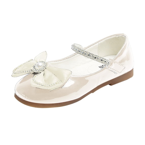 GiLiling Girls Mary Jane Dress Shoes, Closed-Toe Flats with Bow Rhinestone, Non-Slip Soft Rubber Sole for Parties School (White, 4.5-5 Years)
