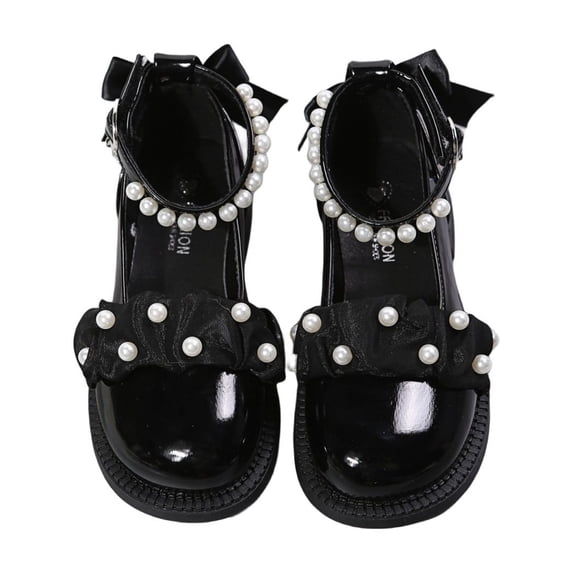 GiLiling Girls Mary Jane Dress Shoes, Closed-Toe Flats with Pearl Bow, Adjustable Ankle Strap Casual Party Shoes for Kids (Black, 3-3.5 Years)