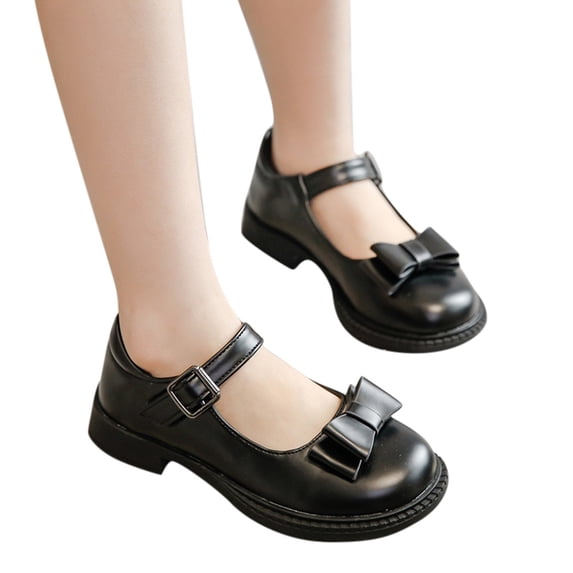 GiLiling Girls Mary Jane Dress Shoes, Closed-Toe PU Leather Shoes with Bow, Low Block Heel with Adjustable Buckle for School Formal Occasions (Black, 7-8 Years)