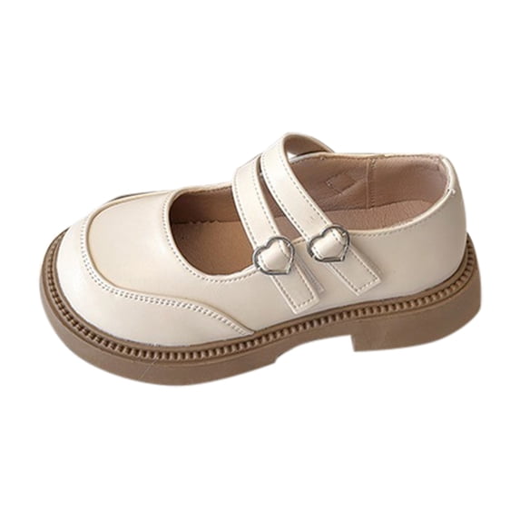 GiLiling Girls Mary Jane Dress Shoes, Double Strap with Heart Buckle, Thick Non-Slip Sole PU Leather Flats School Casual Footwear (Beige, 8-9 Years)