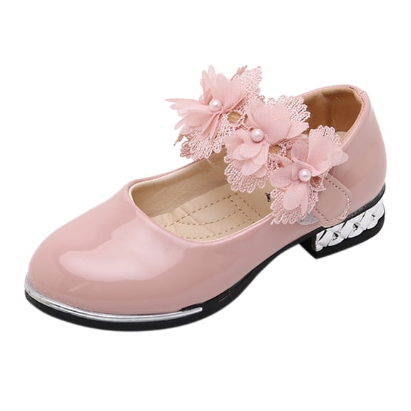 GiLiling Girls Mary Jane Dress Shoes, Floral Lace Appliqué Hook-and-Loop Strap, Low Heel Leather Princess Flats for Party Wedding and Everyday Wear (Pink, 9.5-10 Years)