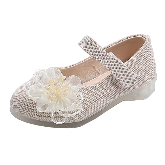 GiLiling Girls Mary Jane Dress Shoes, Flower Decorated Hook-and-Loop Strap, Lightweight Flat Sole Casual Party Ballet Flats for Baby Toddler (Beige, 3 Years)