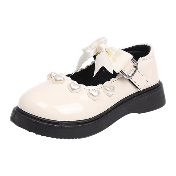 GiLiling Girls Mary Jane Dress Shoes, Heart Pearl Bow Platform Flats, Adjustable Strap Non Slip Toddler formal Shoes for Kids (Beige, 11-11.5 Years)