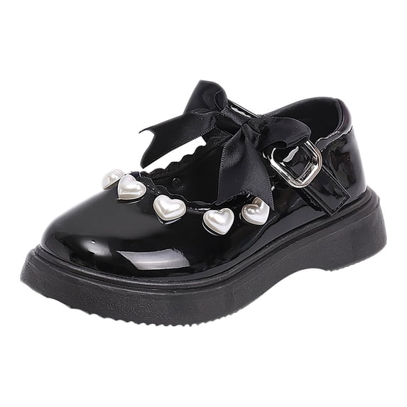 GiLiling Girls Mary Jane Dress Shoes, Heart Pearl Bow Platform Flats, Adjustable Strap Non Slip Toddler formal Shoes for Kids (Black, 10-10.5 Years)