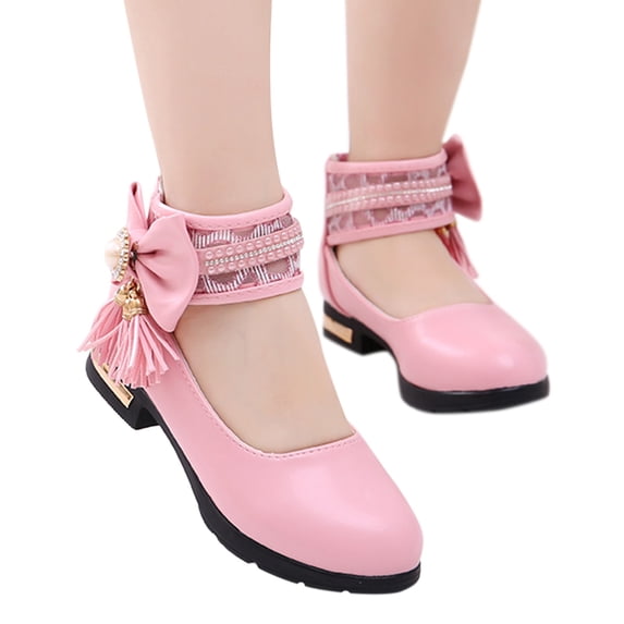 GiLiling Girls Mary Jane Dress Shoes, Lace Pearl Ankle Cuff, Bowknot with Pearl Rhinestone Tassel Detail, Rear Zipper Low Heel Princess Flats for Party Wedding (Pink, 9-9.5 Years)