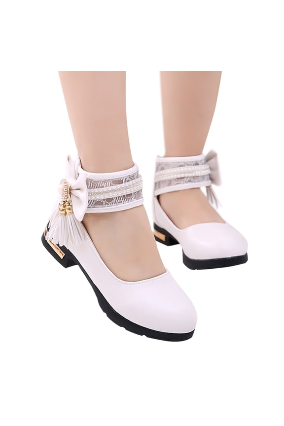 Girls Mary Jane Dress Shoes, Lace Pearl Ankle Cuff, Bowknot with Pearl Rhinestone Tassel Detail, Rear Zipper Low Heel Princess Flats for Party Wedding (White, 10.5-11 Years)