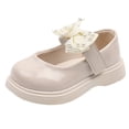 thumbnail image 1 of GiLiling Girls Mary Jane Dress Shoes, Pearl Bow Hook-and-Loop Strap, Lightweight Non-Slip Flat Sole Casual Party Flats for Baby Toddler (Beige, 3 Years), 1 of 7