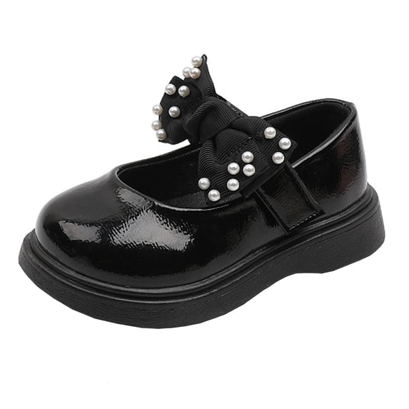 GiLiling Girls Mary Jane Dress Shoes, Pearl Bow Hook-and-Loop Strap, Lightweight Non-Slip Flat Sole Casual Party Flats for Baby Toddler (Black, 2 Years)