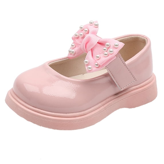 GiLiling Girls Mary Jane Dress Shoes, Pearl Bow Hook-and-Loop Strap, Lightweight Non-Slip Flat Sole Casual Party Flats for Baby Toddler (Pink, 2 Years)