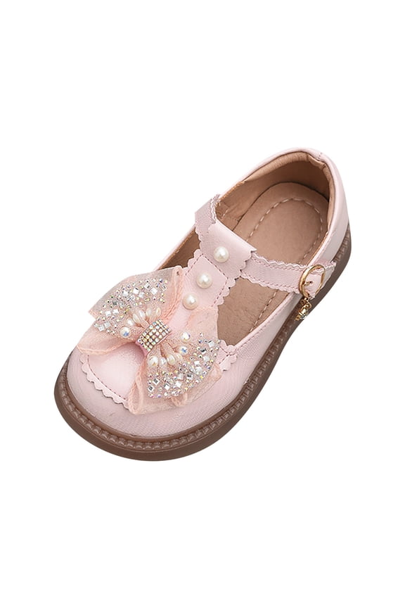 Girls Mary Jane Dress Shoes, Rhinestone Lace Bow with Pearl Strap, Adjustable Buckle Closed-Toe Princess Flats for Party Wedding School (Pink, 3.5-4 Years)