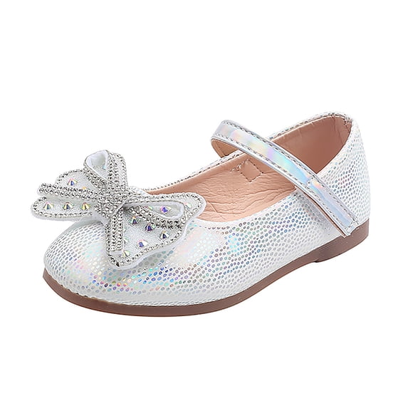 GiLiling Girls Mary Jane Dress Shoes, Sequin Upper with Rhinestone Bow, Hook-and-Loop Princess Flats for Party Dance Everyday Wear (White, 2.5 Years)