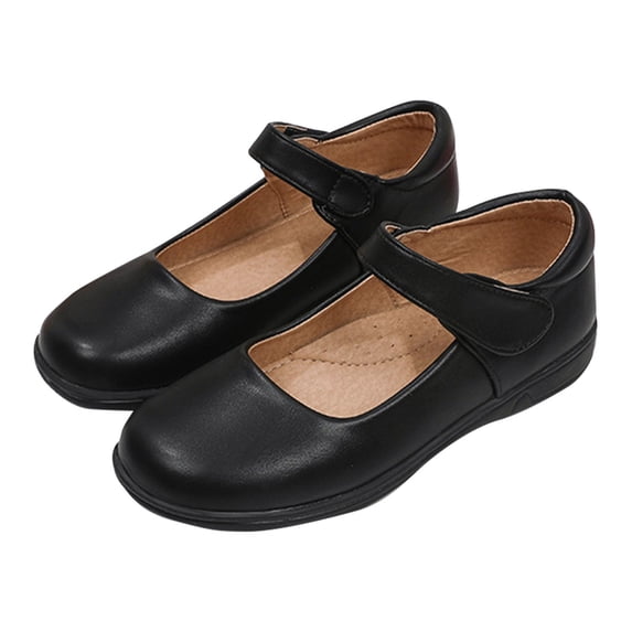 GiLiling Girls Mary Jane Flats, Adjustable Hook-and-Loop Strap Closed Toe Dress Shoes, Non Slip School Uniform mps for Kids (Brown, 15-15.5 Years)