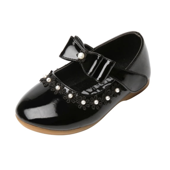 GiLiling Girls Mary Jane Flats, Closed-Toe PU Leather Ballet Flats with Pearl Bow Strap Lace Trim, Flat Heel for Formal Occasions (Black, 10.5-11 Years)