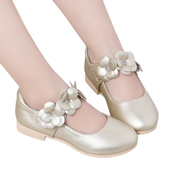 GiLiling Girls Mary Jane Princess Dress Shoes, Closed-Toe Ballet Flats with Flower, Low Block Heel for Parties Wedding (Gold, 4-4.5 Years)