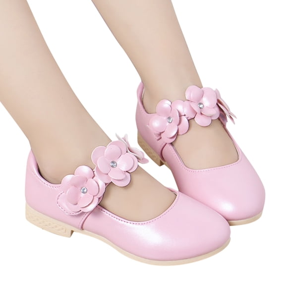GiLiling Girls Mary Jane Princess Dress Shoes, Closed-Toe Ballet Flats with Flower, Low Block Heel for Parties Wedding (Pink, 6-7 Years)