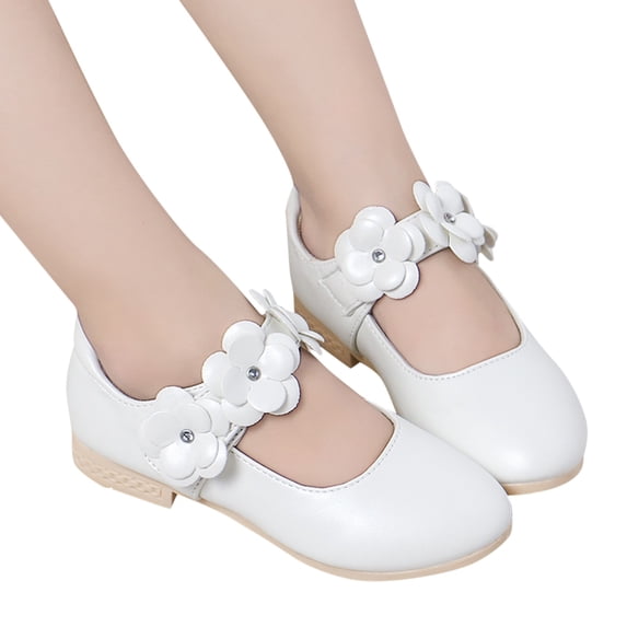 GiLiling Girls Mary Jane Princess Dress Shoes, Closed-Toe Ballet Flats with Flower, Low Block Heel for Parties Wedding (White, 10.5-11 Years)