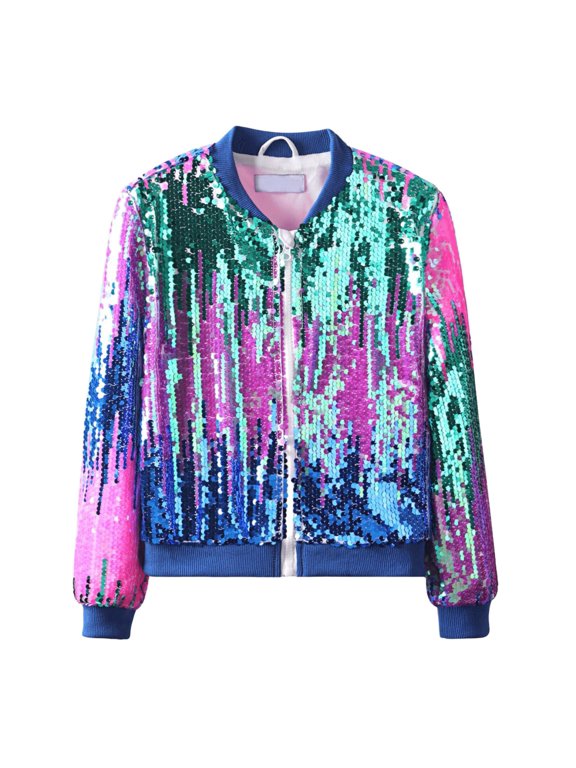 Girls Ombre Sequin Bomber Jacket with Pockets Lightweight Sparkle Long Sleeve Zipper Gradient Jackets for Kids (Blue, 7-8 Years)