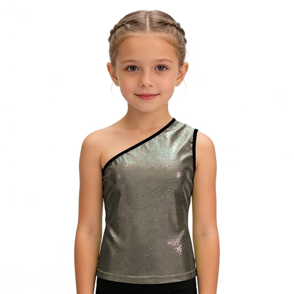 GiLiling Girls One Shoulder Sparkly Sequin Dance Vest Metallic Tank Top Y2K Dancewear for Teen Girls Summer Beach (Black, 4-6 Years)