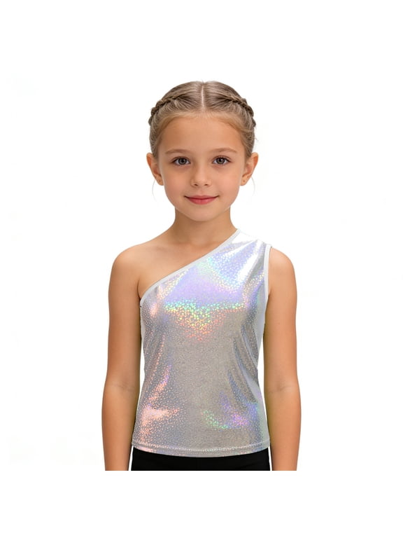 Girls One Shoulder Sparkly Sequin Dance Vest Metallic Tank Top Y2K Dancewear for Teen Girls Summer Beach (Silver, 4-6 Years)