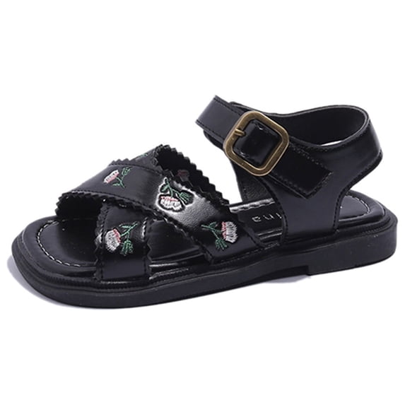 GiLiling Girls Open-Toe Sandals, Floral Embroidery Adjustable Buckle Ankle Strap, PU Upper Non-Slip TPR Flat Sole, Summer Casual Sandals (Black, 5.5-6 Years)