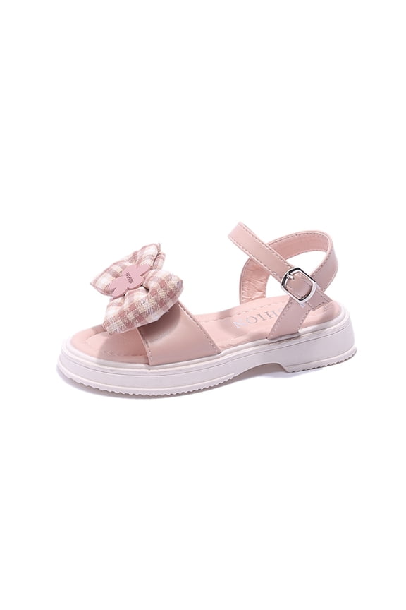 Girls Open-Toe Sandals, Gingham Bow Adjustable Buckle Ankle Strap, PU Upper Non-Slip TPR Chunky Sole, Summer Casual Princess Sandals (Red, 9-9.5 Years)