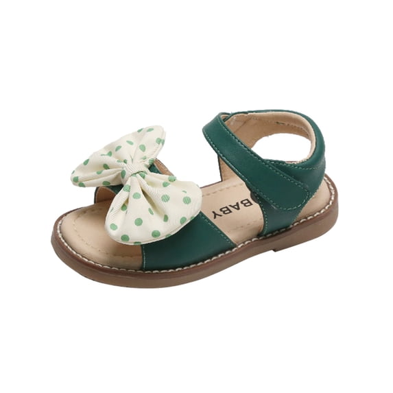 GiLiling Girls Open-Toe Sandals, Polka Dot Bow Hook-and-Loop Strap, Soft Upper Non-Slip Rubber Sole Casual Summer Beach Sandals (Green, 4-4.5 Years)