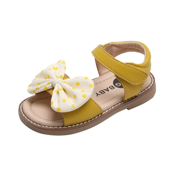 GiLiling Girls Open-Toe Sandals, Polka Dot Bow Hook-and-Loop Strap, Soft Upper Non-Slip Rubber Sole Casual Summer Beach Sandals (Yellow, 5-5.5 Years)