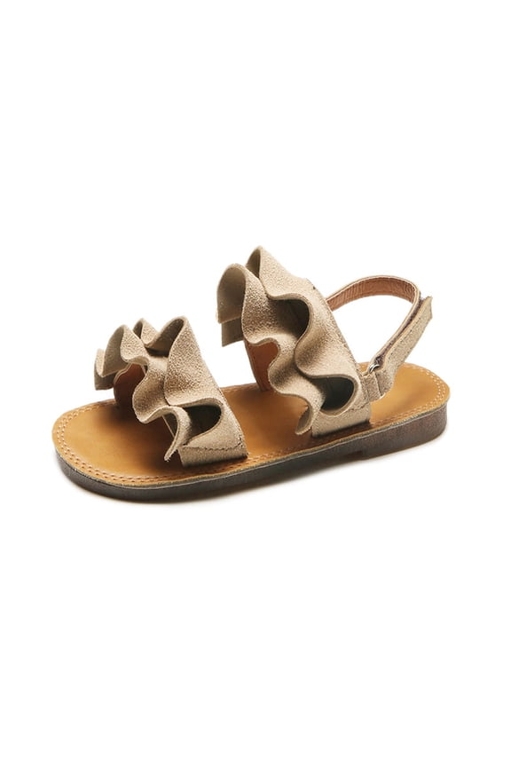 Girls Open-Toe Sandals, Ruffled Suede-Like Straps Adjustable Hook-and-Loop Ankle Strap, Fashion Summer Sandals (Beige, 4.5-5 Years)