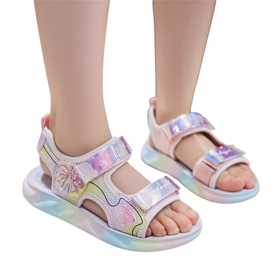 GiLiling Girls Open-Toe Sports Sandals, Iridescent PVC Butterfly Design Dual Adjustable Hook-and-Loop Straps, Princess Outdoor Beach Sandals (Pink, 10-10.5 Years)