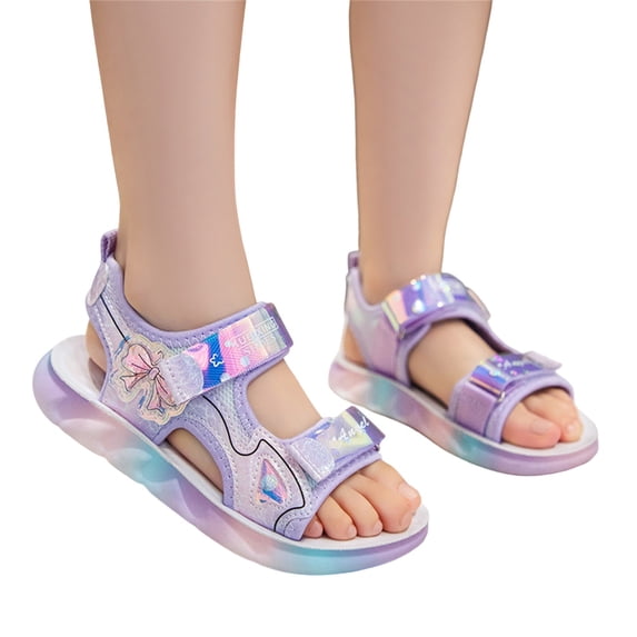 GiLiling Girls Open-Toe Sports Sandals, Iridescent PVC Butterfly Design Dual Adjustable Hook-and-Loop Straps, Princess Outdoor Beach Sandals (Purple, 10-10.5 Years)